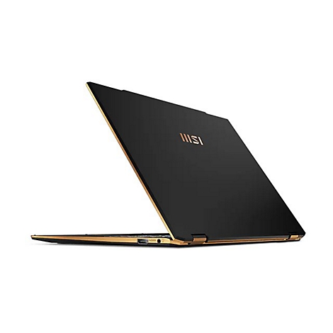 Schwarzes Laptop-Gerät, leicht geöffnet, mit goldenen Akzenten. Das MSI-Logo ist deutlich sichtbar.