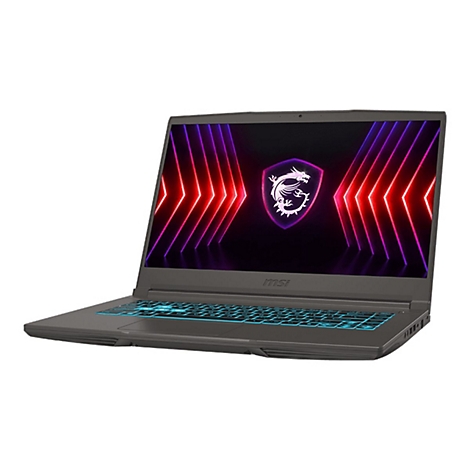 Dunkelgrauer Laptop mit leuchtender Tastatur und MSI-Logo auf dem Bildschirm.