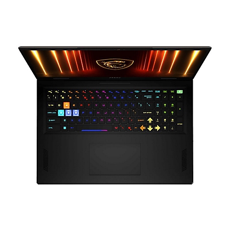 Schwarzer Laptop, von oben gesehen. Geöffnete Anzeige mit leuchtenden orangefarbenen Streifen. Beleuchtete, mehrfarbige Tastatur.