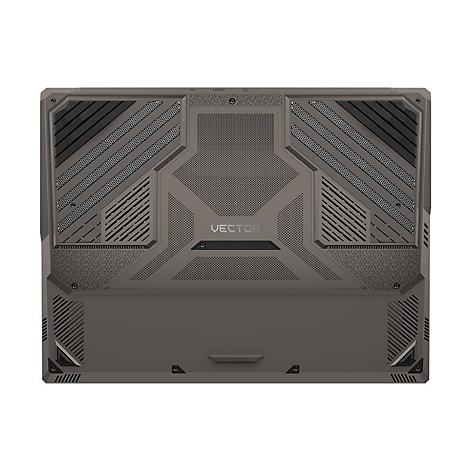 Dunkelgraue Laptop-Rückseite mit geometrischen Mustern, dem Wort "VECTOR" und Lüftungsschlitzen.