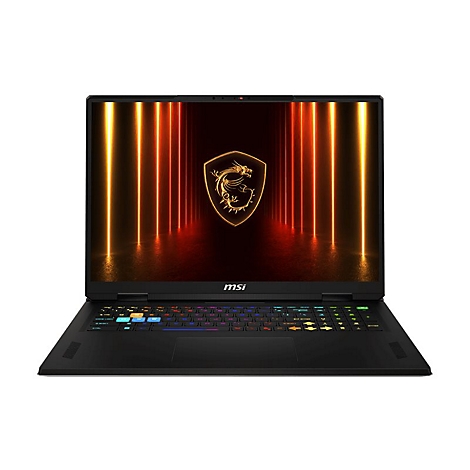 Schwarzer Laptop mit leuchtendem Bildschirm. Auf dem Display ein goldenes Emblem und orangefarbene Lichteffekte. Die Tastatur leuchtet farbenfroh.