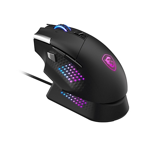 Schwarze Gaming-Maus mit LED-Beleuchtung und MSI-Logo, Kabelanschluss.