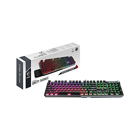 Mechanische Gaming-Tastatur mit RGB-Beleuchtung neben der Verpackung.