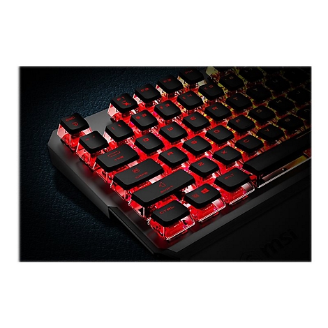 Nahaufnahme einer mechanischen Tastatur mit roten Hintergrundbeleuchtung und schwarzen Tasten. Das MSI-Logo ist sichtbar.