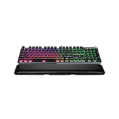 Schwarze Gaming-Tastatur mit farbiger RGB-Beleuchtung, Handgelenkauflage.