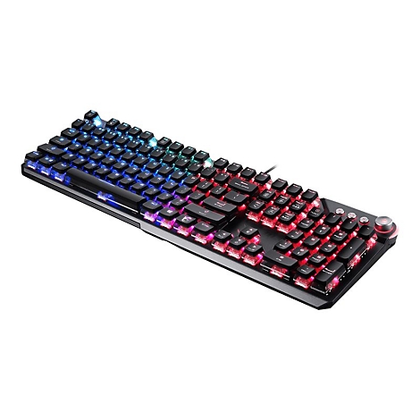 Mechanische Gaming-Tastatur mit mehrfarbiger Beleuchtung auf weiÃŸem Hintergrund.