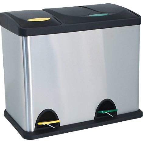 MSV Edelstahl-Abfalleimer, 3 Behälter mit je 8L, Tretmechanismus, Tragegriff, für Innen und Aussen, edelstahl