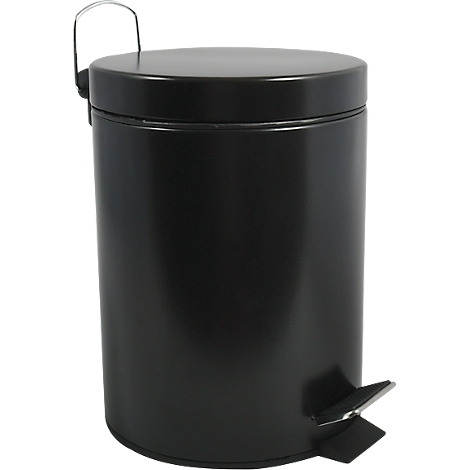 Poubelle à pédale en métal noir avec couvercle et pédale.