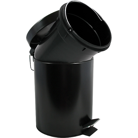 Poubelle à pédale noire et cylindrique avec couvercle ouvert. La pédale est visible en bas.