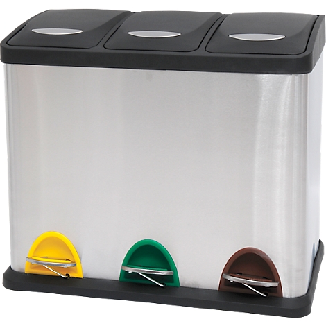 MSV poubelle en inox, 3 récipients de 20L chacun, mécanisme à pédale, poignée, pour l'intérieur et l'extérieur, inox