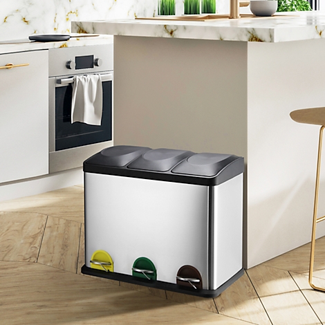 MSV poubelle en inox, 3 récipients de 20L chacun, mécanisme à pédale, poignée, pour l'intérieur et l'extérieur, inox