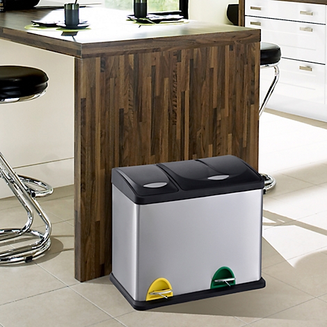 MSV poubelle en inox, 3 récipients de 8L chacun, mécanisme à pédale, poignée, pour l'intérieur et l'extérieur, inox