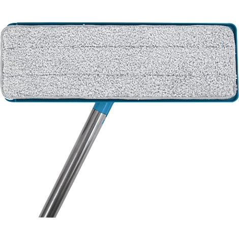 Ein grauer Flachwischer mit türkisblauem Rand und Griff, diagonaler Metallstiel.