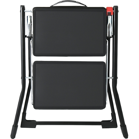 Marchepied pliable noir avec deux marches et une poignée.