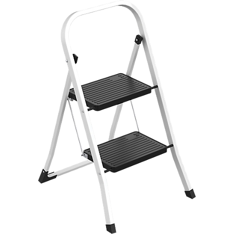 Escabeau pliable avec deux marches noires et un cadre blanc.