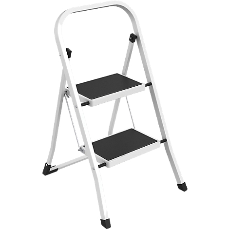 Un escabeau blanc avec deux marches noires. La poignée en haut et les pieds sont noirs.