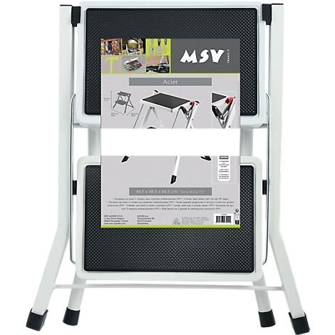 Un escabeau en acier à deux marches avec des marches noires et un cadre blanc.