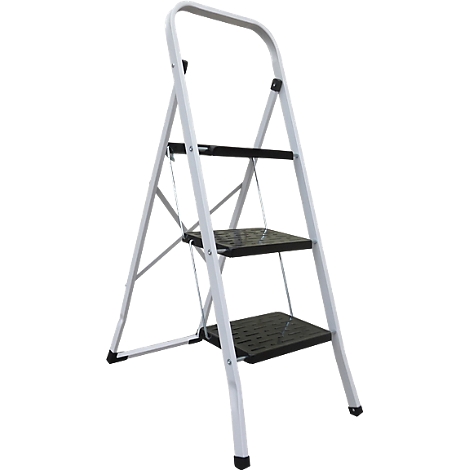 Un escabeau blanc avec trois marches et une poignée. Les marches sont noires avec un motif nervuré.