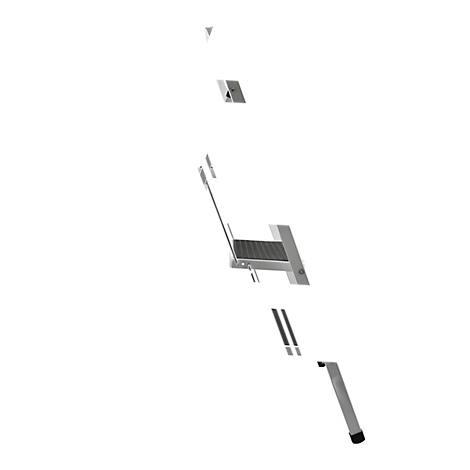 Vue détaillée d'un escabeau argenté. L'échelle est démontée en ses parties individuelles, sur fond blanc.