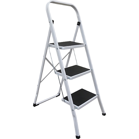 Une échelle blanche à trois marches noires, autoportante.