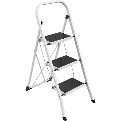 Escalier pliant blanc avec trois marches noires. Une poignée en haut permet une prise sûre.