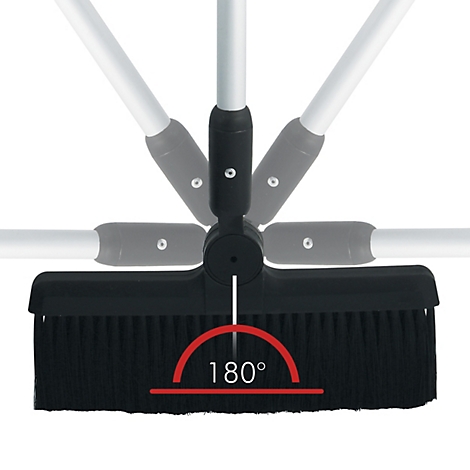 Detailaufnahme einer schwarzen Kehrbürste mit verstellbarem Stiel. Ein roter Bogen mit 180° Beschriftung zeigt den Schwenkbereich.