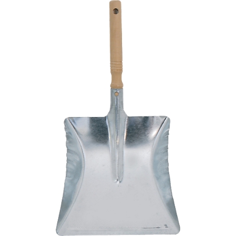 Ramasse-poussière en métal avec manche en bois. La poignée a un trou pour l'accrocher.