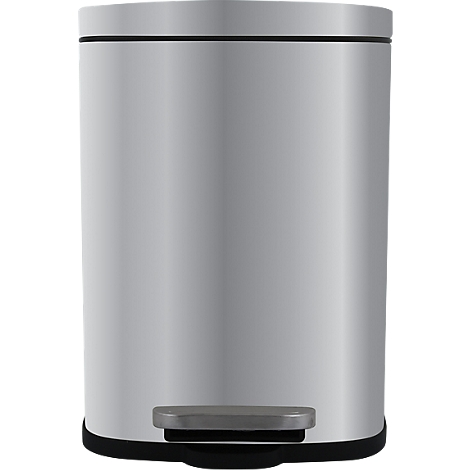 Poubelle argentée avec couvercle et pédale, sur fond blanc.