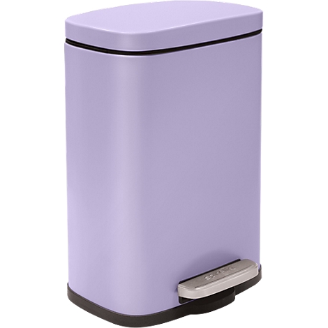 Poubelle rectangulaire violet clair avec coins arrondis, bord de couvercle noir, pédale.
