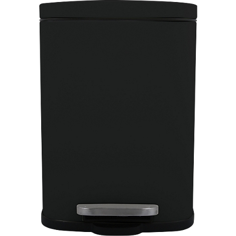 Poubelle noire rectangulaire, avec une pédale argentée.