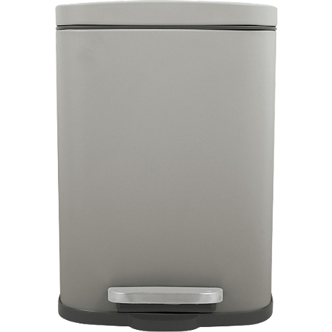 Poubelle grise avec couvercle, repose-pieds et base noire. Sur fond neutre.