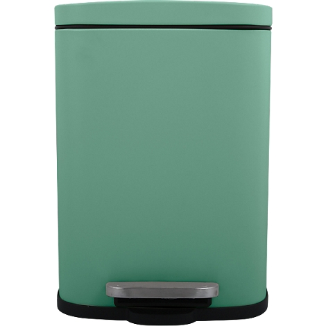Poubelle vert clair avec pédale. La poubelle a une forme rectangulaire et un couvercle. Cadre et base noirs.