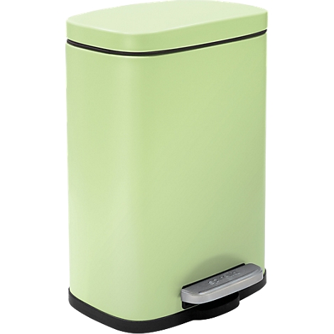 Poubelle vert clair avec couvercle, marchepied et bord noir.
