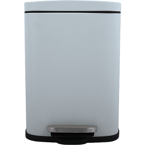 Poubelle gris clair avec bord noir et pédale.