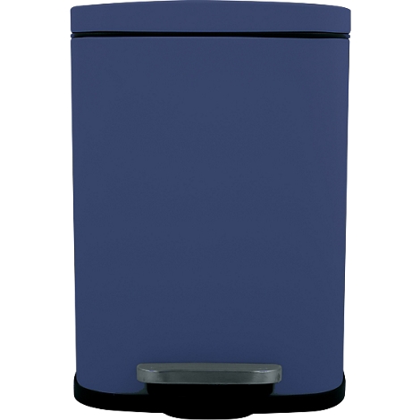 Poubelle rectangulaire bleue avec couvercle. Marche argentée en bas.