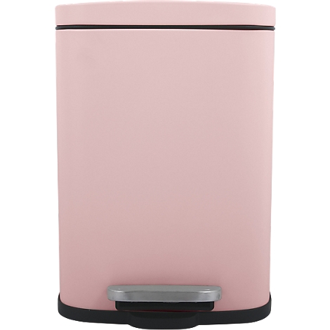 Poubelle rose clair avec couvercle noir et pédale.