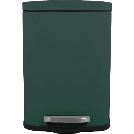 Une poubelle rectangulaire verte avec couvercle et pédale. La partie inférieure et le rabat de la pédale sont argentés.