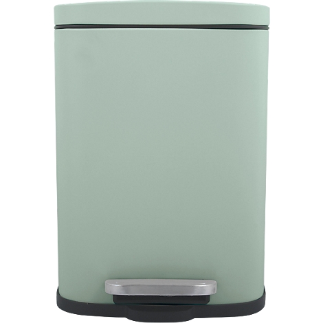 Poubelle vert clair avec pédale en métal. Forme rectangulaire, couvercle avec bordure noire.