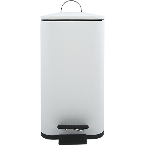 Poubelle blanche avec couvercle et pédale, poignée en métal.