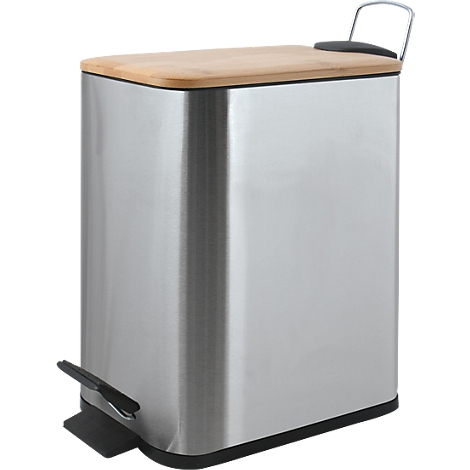 Poubelle à pédale en acier inoxydable avec couvercle en bambou. Pédale noire, poignée.