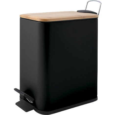 Poubelle à pédale noire avec couvercle en bambou et poignée de transport.