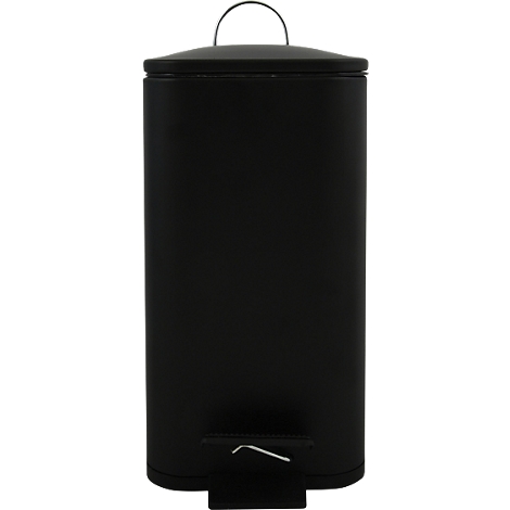 Poubelle noire à pédale avec couvercle, poignée et pédale.