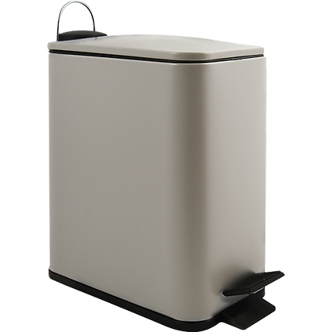 Poubelle rectangulaire beige avec couvercle, poignée et pédale.