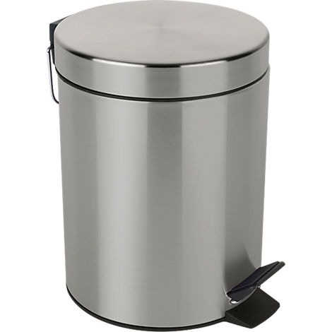 Poubelle à pédale en acier inoxydable, couvercle fermé, pédale noire.