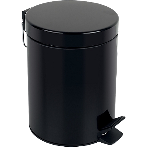 Poubelle cylindrique noire, avec couvercle, marchepied et poignée.
