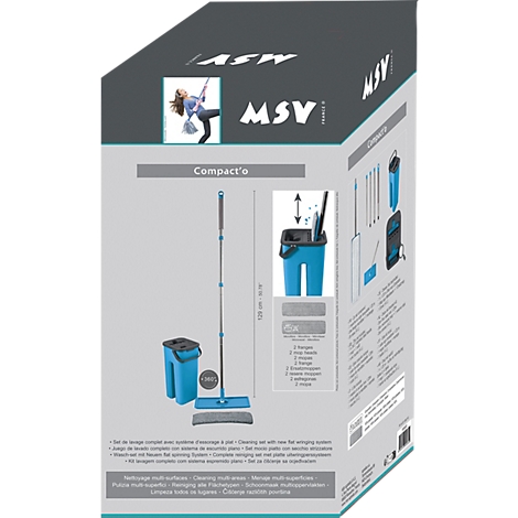 Emballage du produit avec un ensemble de serpillère bleu. Une serpillère et un seau sont représentés. Du texte tel que "Compact'e" et "MSV" est également visible.