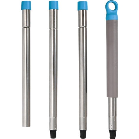 Quatre broches métalliques, chacune avec un capuchon bleu. La dernière broche a une poignée grise.