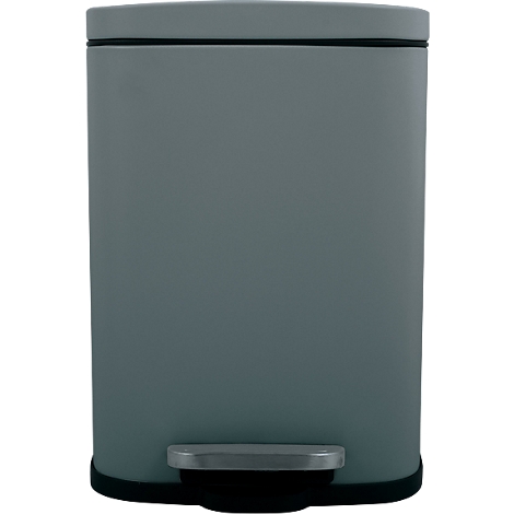 Grauer Abfalleimer mit Deckel und Fusspedal, aus Metall, vor weissem Hintergrund.