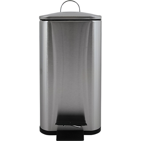 Ein silberfarbener Mülleimer mit Deckel und Fusspedal, vor weissem Hintergrund. Der Deckel hat einen Griff zum Anheben.