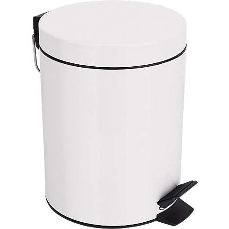 Weisser Mülleimer mit Deckel und Fusspedal, schwarze Akzente.